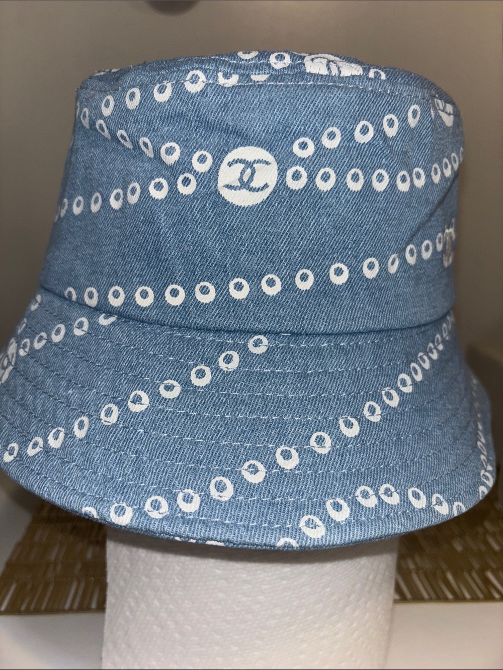 Light Blue Denim Bucket Hat with White Dot Motif